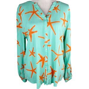 Haley and the Hound Starfish Button Down Blouse Large Mint Coral